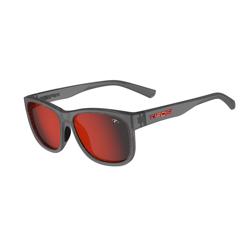 Vist Large View of Product Image Which is New Tifosi Swank XL Biking Glasses- Satin Vapor Frame/Smoke Red Mirror Lens