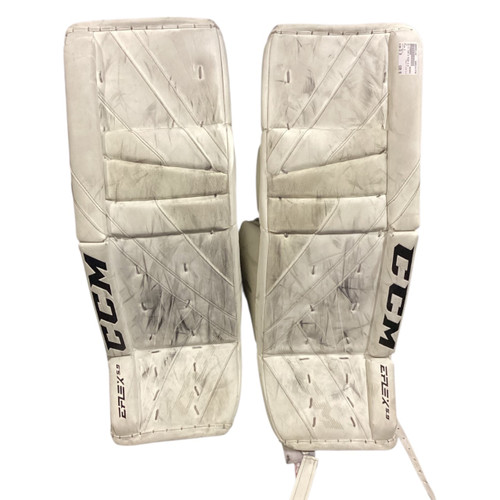 Vist Large View of Product Image Which is Used CCM E FLEX 5.9 Goalie Leg Pads Senior White 33"