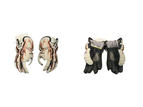 Vist Large View of Product Image Which is Used Warrior GLOVES Lacrosse Gloves Junior Black/Orange/White SM