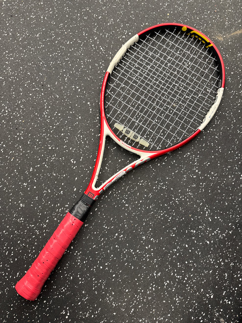 Vist Large View of Product Image Which is Used Wilson N CODE SIX ONE 95 Adult Tennis Racquet Red 4 5/8"