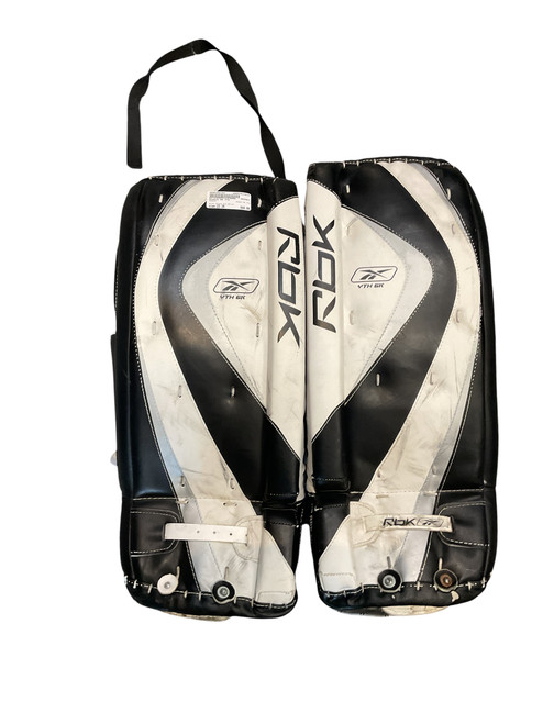 Vist Large View of Product Image Which is Used Reebok 6K YTH Goalie Leg Pads Youth Black And White 23"