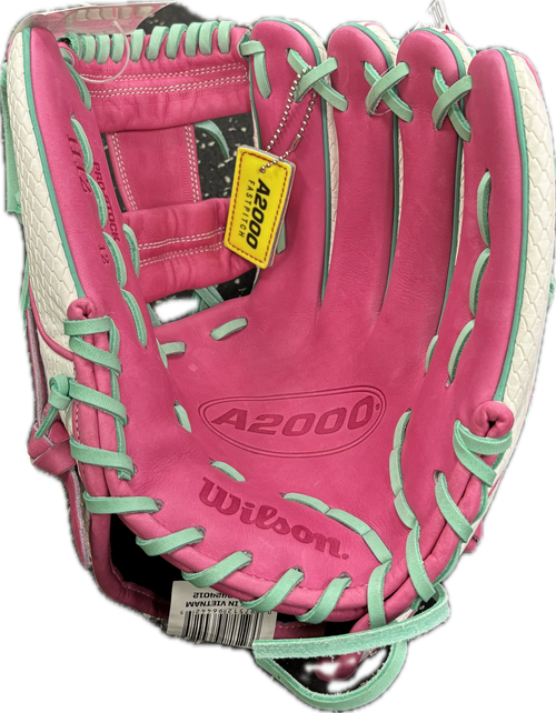Vist Large View of Product Image Which is Used Wilson A2000 BB/SB Glove RH Throw Pink And White 12"