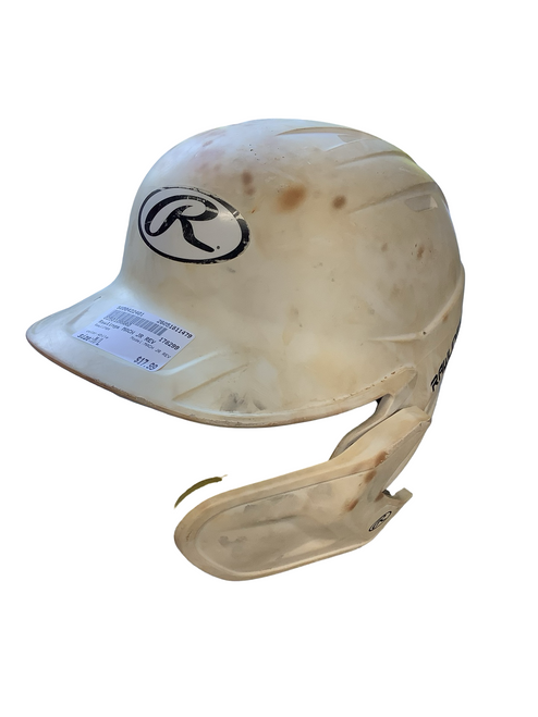 Vist Large View of Product Image Which is Used Rawlings MACH JR REV Batting Helmet No Mask White M/L
