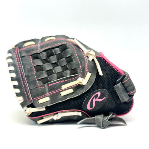 Vist Large View of Product Image Which is Used Rawlings STORM LH Throw Fastpitch Gloves Black And Pink 10"