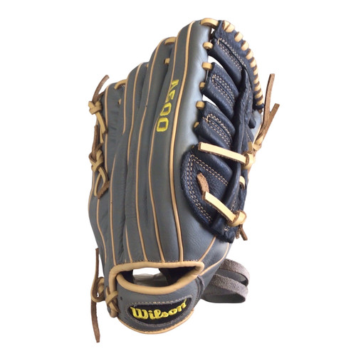 Vist Large View of Product Image Which is Used Wilson A 500 BB/SB Glove RH Throw Black And Grey 12 1/2"