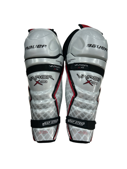 Vist Large View of Product Image Which is Used Bauer VAPOR X30 JR 13 SHIN Junior Shin Guards White/Black/Red 13"