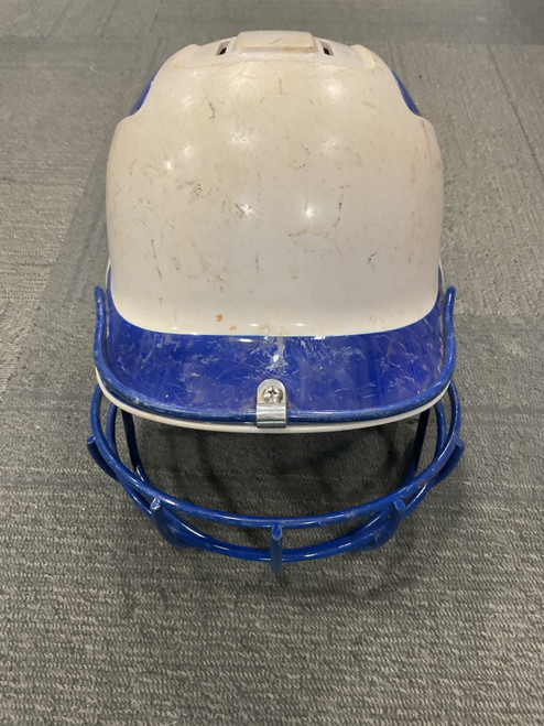 Vist Large View of Product Image Which is Used Adidas TRILOGY FP HELMET Batting Helmet w/Mask White And Royal Blue L/XL