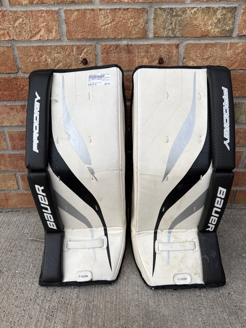 Vist Large View of Product Image Which is Used Bauer PRODIGY Goalie Leg Pads Youth Black And White 24"