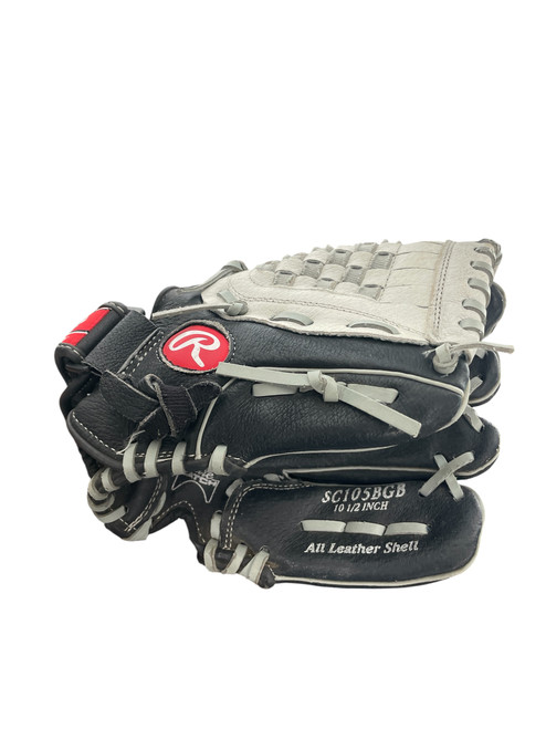 Vist Large View of Product Image Which is Used Rawlings SC105BGB BB/SB Glove RH Throw White And Black 10 1/2"