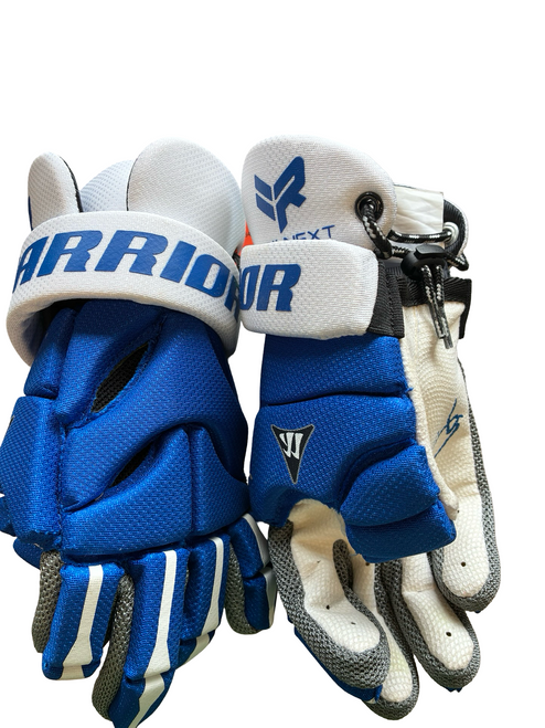 Vist Large View of Product Image Which is Used Warrior RABILNEXT Lacrosse Gloves Junior Royal Blue 10"