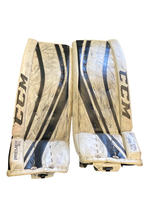 Vist Large View of Product Image Which is Used CCM PREMIER R1.5 Goalie Leg Pads Senior White 33 1/2"
