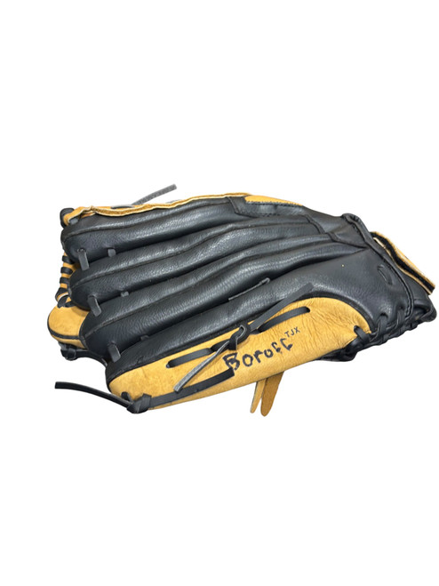Vist Large View of Product Image Which is Used Wilson A0360TRES14 BB/SB Glove RH Throw Black And Tan 14"