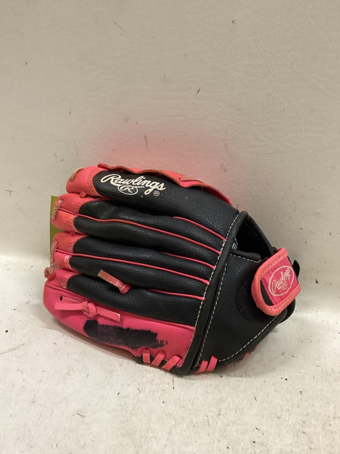 Vist Large View of Product Image Which is Used Rawlings ST10BP RH Throw Fastpitch Gloves Black And Pink 10"