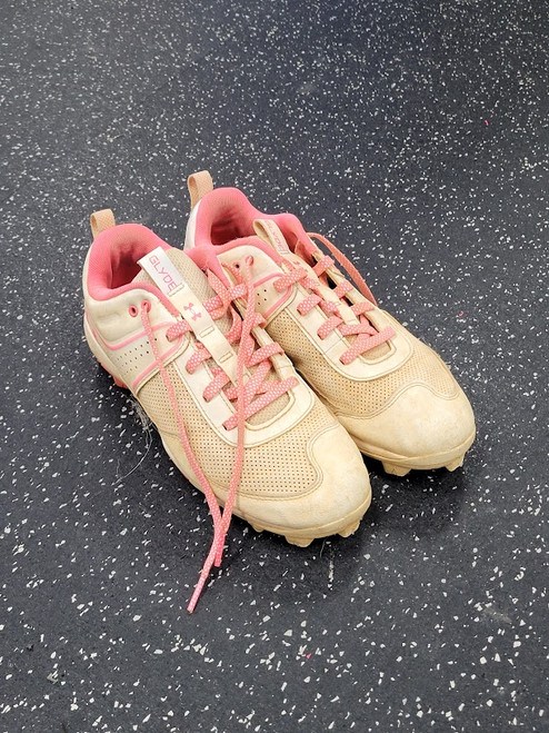 Vist Large View of Product Image Which is Used Under Armour GLYDE BB/SB Cleats Pink And White Junior 05