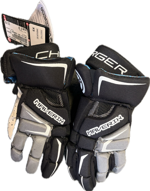 Vist Large View of Product Image Which is Used Maverik CHARGER Lacrosse Gloves Junior Black 9"