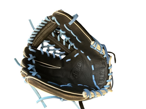 Vist Large View of Product Image Which is Used Wilson A950 BB/SB Glove LH Throw Black And Carolina Blue 11 3/4"