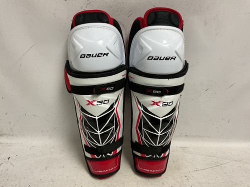 Vist Large View of Product Image Which is Used Bauer VAPOR X80 Senior Shin Guards White/Black/Red 15"
