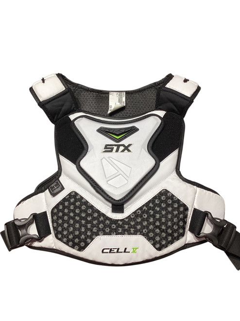 Vist Large View of Product Image Which is Used STX CELL V Lacrosse Shoulder Pads White LG
