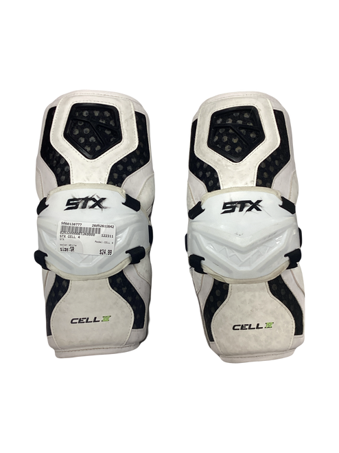 Vist Large View of Product Image Which is Used STX CELL 4 Lacrosse Arm Pads/Guards White Senior