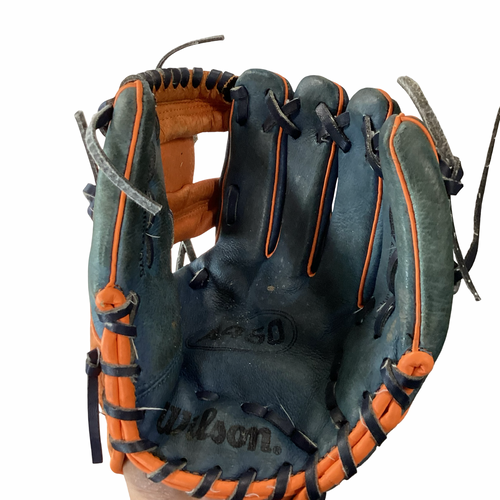 Vist Large View of Product Image Which is Used Wilson A450 RHT 10.75 BB/SB Glove RH Throw Orange 10 3/4"