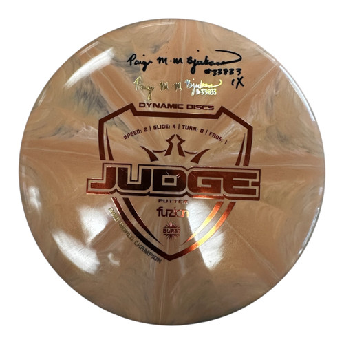 Vist Large View of Product Image Which is Used Dynamic Discs SIGNED PAIGE BJERKAAS JUDGE Disc Golf Putter Orange 175g