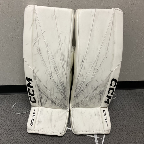 Vist Large View of Product Image Which is Used CCM AXIS XF PRO Goalie Leg Pads Senior White And Black 34"