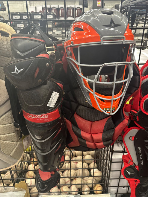 Vist Large View of Product Image Which is Used All-Star 3PC ADULT CATCHERS SET RED/BLK/OG Batting Helmet w/Mask Black LG