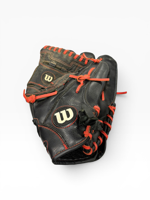 Vist Large View of Product Image Which is Used Wilson A2476 BB/SB Glove RH Throw Black And Red 12 1/2"