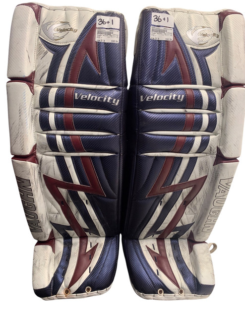 Vist Large View of Product Image Which is Used Vaughn VELOCITY V3 7500 Goalie Leg Pads Senior White/Navy/Maroon 36+1”