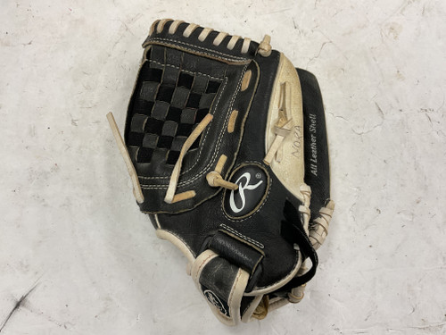 Vist Large View of Product Image Which is Used Rawlings Highlight Series HFP115BW RH Throw Fastpitch Gloves Black And Tan 11 1/2"