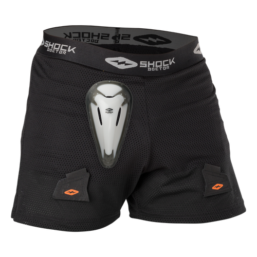 Vist Large View of Product Image Which is The Shock Doctor Core Loose Hockey Short with Bio-Flex Cup has a loose fit design with super ventilated mesh fabric for superior comfort and protection. An integrated cup pocket strap secures cup pocket to short for less movement, and the Bio-Flex Cup with gel perimeter provides superior comfort and protection.