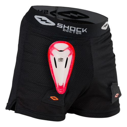 Vist Large View of Product Image Which is The Shock Doctor Core Loose Hockey Short with Bio-Flex Cup has a loose fit design with super ventilated mesh fabric for superior comfort and protection. An integrated cup pocket strap secures cup pocket to short for less movement, and the Bio-Flex Cup with gel perimeter provides superior comfort and protection.