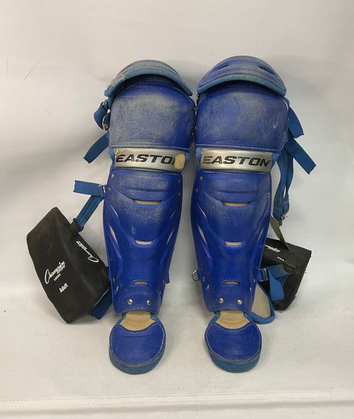 Vist Large View of Product Image Which is Used Easton GAME TIME Catchers Leg Guards Navy Blue Intermed