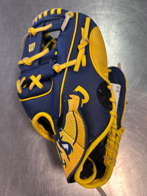 Vist Large View of Product Image Which is Used Wilson EZ CATCH SAVANNAH BANANAS BB/SB Glove RH Throw Navy Blue 10"