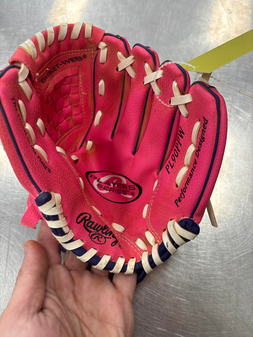 Vist Large View of Product Image Which is Used Rawlings PL90PPW BB/SB Glove T-ball Pink 9"