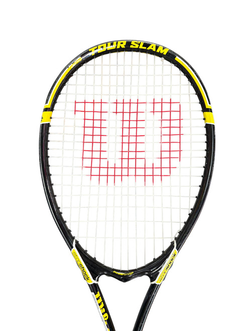 Vist Large View of Product Image Which is Used Wilson STOP SHOCK Adult Tennis Racquet Black 4 5/8"