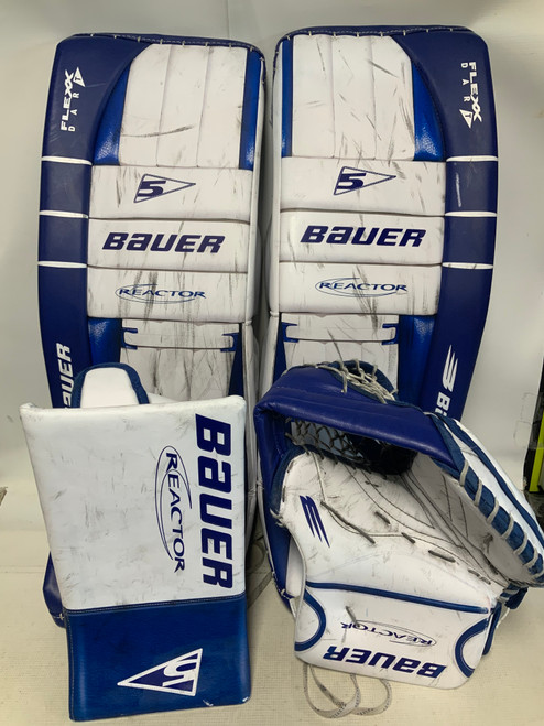 Vist Large View of Product Image Which is Used Bauer REACTOR R5 PRO 32+1 Goalie Leg Pads Senior White And Royal Blue 32"