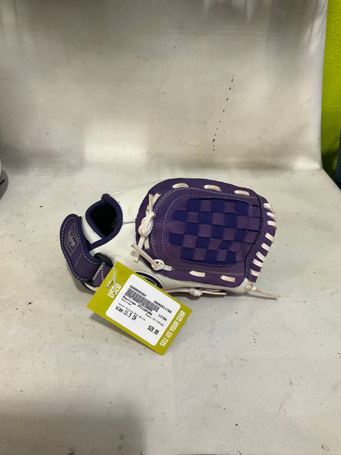 Vist Large View of Product Image Which is Used Rawlings FP115PURW RH Throw Fastpitch Gloves Purple And White 11 1/2"