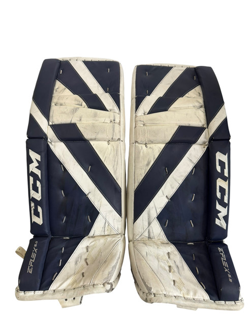 Vist Large View of Product Image Which is Used CCM EFKEX 59 Goalie Leg Pads Senior White 31"