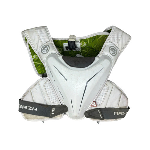 Vist Large View of Product Image Which is Used Maverik EXTERNAL KARDIAC Lacrosse Shoulder Pads White LG