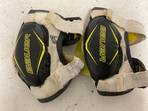 Vist Large View of Product Image Which is Used Bauer SUPREME S170 Youth Elbow Pads White/Black/Yellow LG