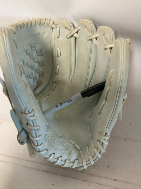 Vist Large View of Product Image Which is Used Rawlings GGEFP125BW GOLD GLOVE ELITE RH Throw Fastpitch Gloves Grey 12 1/2"