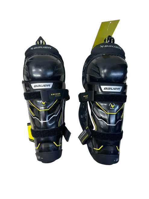 Vist Large View of Product Image Which is Used Bauer S23 SUPREME MACH Youth Shin Guards Black And Yellow 9"
