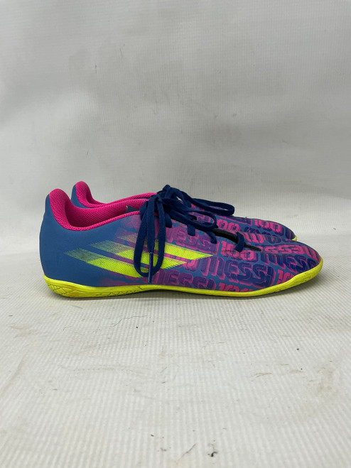 Vist Large View of Product Image Which is Used Adidas 100 MESSI Soccer Indoor Shoes Neon Pink And Navy Blue Senior 5