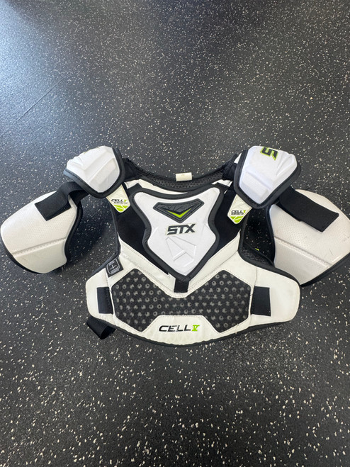 Vist Large View of Product Image Which is Used STX CELL V Lacrosse Shoulder Pads White MD