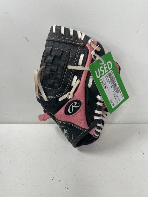 Vist Large View of Product Image Which is Used Rawlings PL91PB BB/SB Glove RH Throw Black And Pink 9"