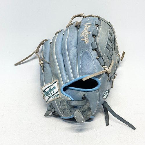 Vist Large View of Product Image Which is Used Rawlings R9 RH Throw Fastpitch Gloves Carolina Blue 12"