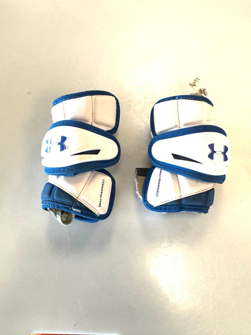 Vist Large View of Product Image Which is Used Under Armour COMMAND PRO Lacrosse Arm Pads/Guards White And Royal Blue SM