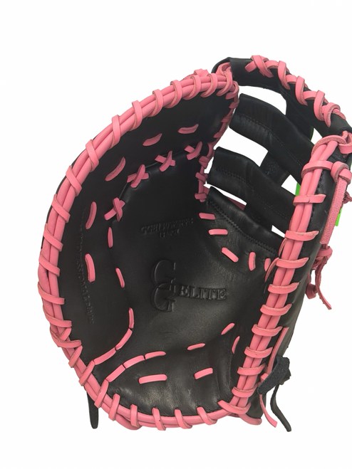 Vist Large View of Product Image Which is New Rawlings GOLD GLOVE ELITE GGE130SPBPFB Leather Baseball First Base Mitt LH Throw Black And Pink 13"