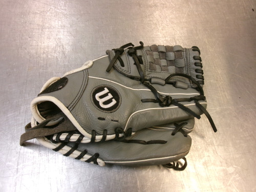 Vist Large View of Product Image Which is Used Wilson SIREN RH Throw Fastpitch Gloves Grey 12"